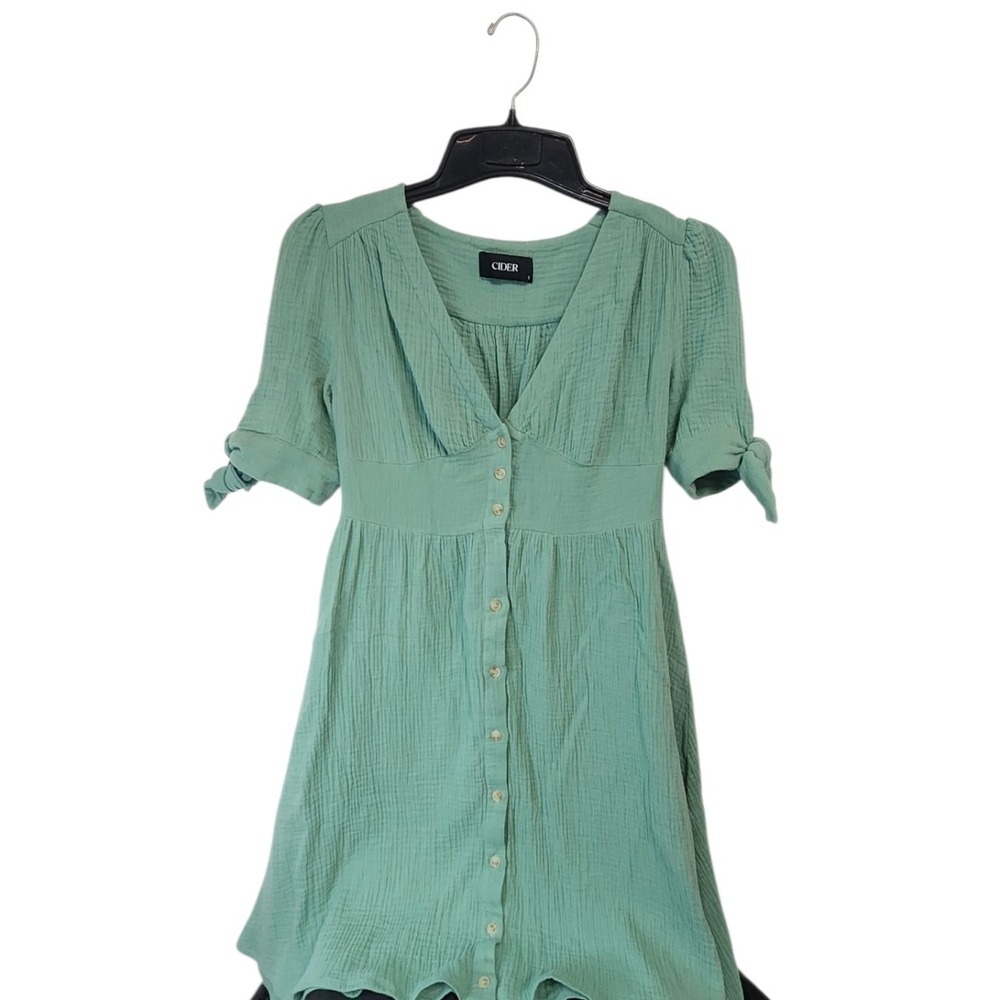 Cider‎ Green Button Front Mini Dress Tie Sleeve Detail Womens